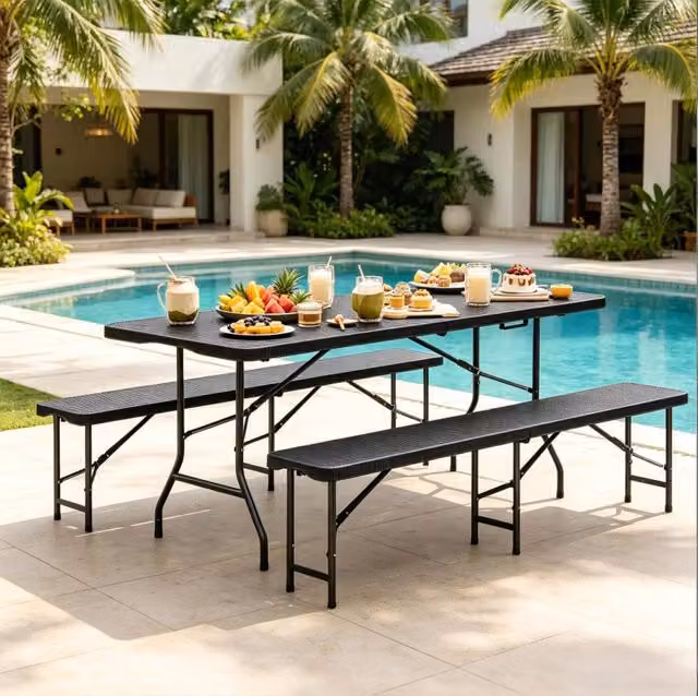 Set birreria pieghevole ULEVR con tavolo 180x74x70 cm e 2 panche, HDPE e metallo nero
