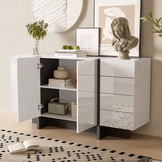 Madia con 2 ante e 4 cassetti in MDF e pannelli di particelle bianca e nera lucida 150 × 40 × 80;5 cm