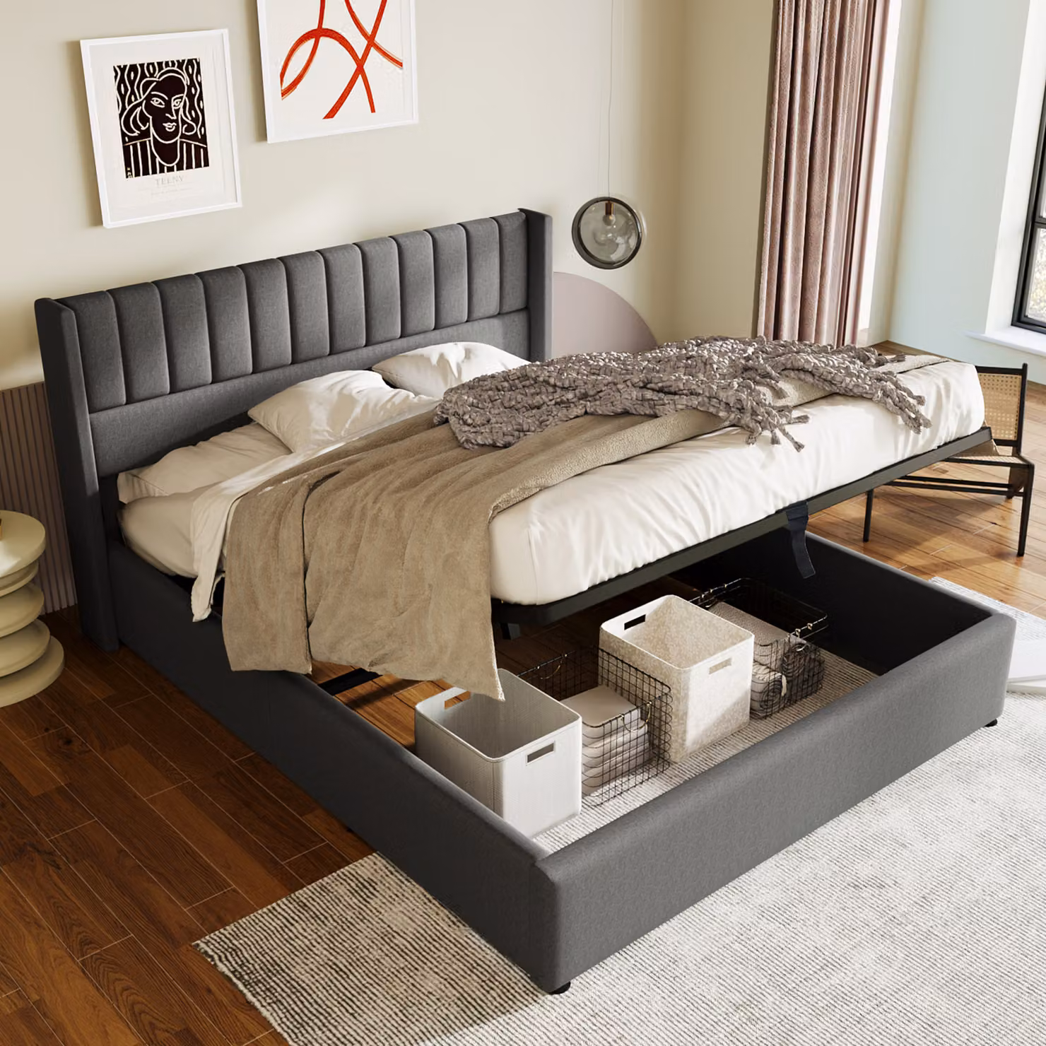 Letto imbottito Flieks 180x200cm, letto a molle idrauliche con rete a doghe, letto contenitore letto matrimoniale letto in legno massiccio, tessuto di lino, grigio