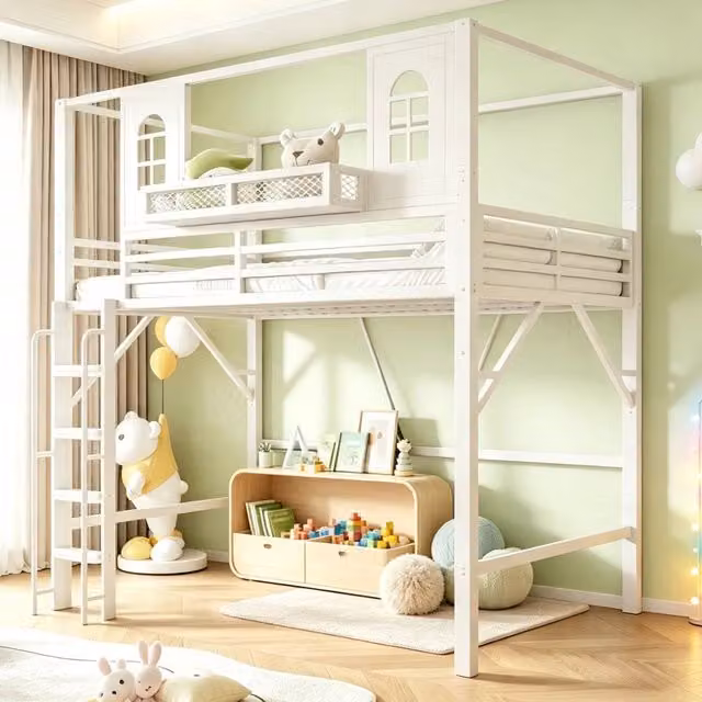 Letto a soppalco per bambini 90x200 cm in metallo; con tetto; finestre; scala e ripiano; bianco