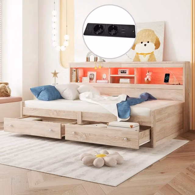 Letto divano singolo 90 × 200 cm con 2 cassetti, USB, 2 prese di ricarica e LED, senza materasso, naturale