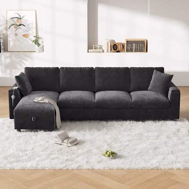 Divano angolare in L - Xylo - Chenille, USB-C, tavolo ribaltabile, grigio