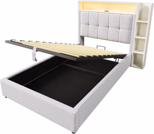Letto imbottito 90x200 cm con funzione di ricarica USB Tipo-C, illuminazione LED e ampio vano contenitore, senza materasso, rivestimento in lino beige