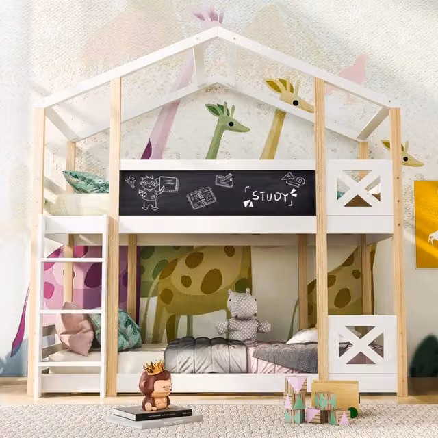 Letto a Castello per Bambini 90x200 cm a Casetta in Legno Massello Bianco e Naturale con Lavagna