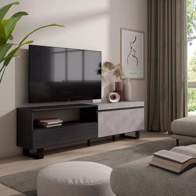 Mobile TV, 200x35x57cm, soggiorno, Per TV fino a 80", Design industriale, grigio cemento RF2233