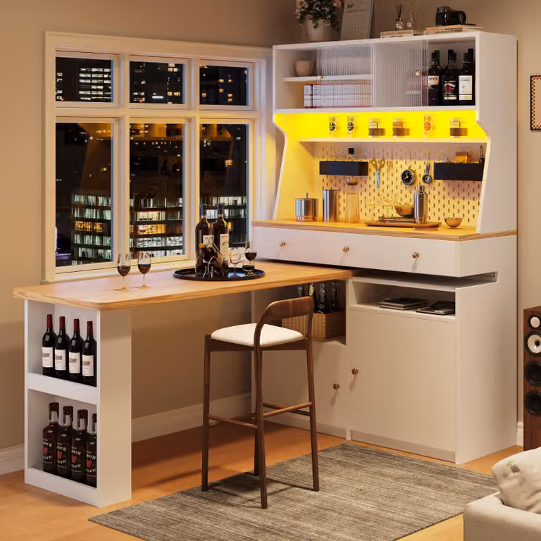 Mobile da cucina STILVORA con due ante scorrevoli in acrilico e tre cassetti, mobiletto da cucina alto con illuminazione a LED, pannello di controllo e ripiani aperti, colore bianco