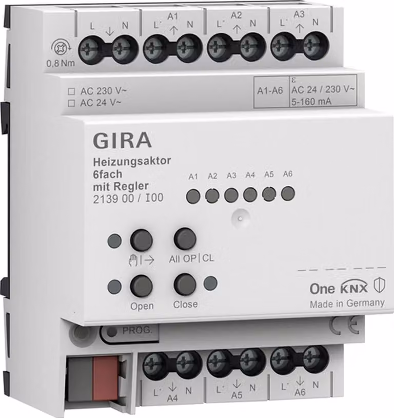 Attuatore riscaldamento Gira, 6 vie, regolatore, OneKNX, REG, 1 pz.