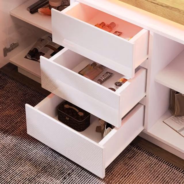 Cassettiera Sideboard con Ante e LED ¨C MINIMAL ¨C Bianco Lucido 140x81x39