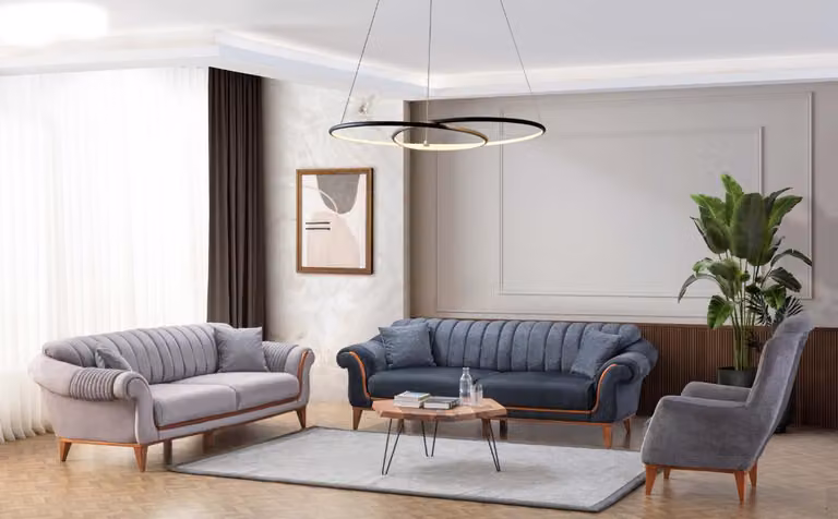 Blau-Graues Wohnzimmer Set Moderne Sofagarnitur 3+3+1 Sitzer Sessel