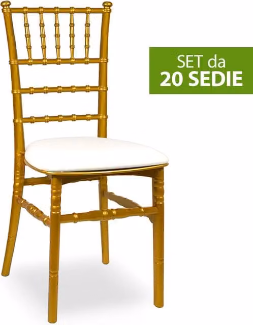 Set di 20 sedie Chiavarine Okaffarefatto impilabili in plastica gialla con cuscini in similpelle bianco