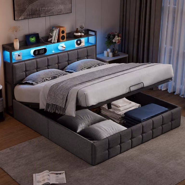 Letto con rete a molle INONEFT, 160x200 cm, letto imbottito con spazio contenitore ad apertura idraulica, letto matrimoniale con illuminazione a LED e prese USB, colore grigio lino, senza materasso