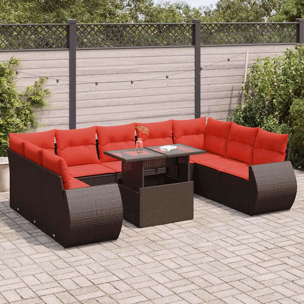 Set di divani da giardino vidaXL in polyrattan marrone con cuscini e tavolino da esterno a forma di U
