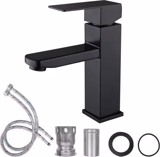 Rubinetto a cascata per lavabo Ibenzoa®, nero – acciaio inossidabile 304, finitura smaltata, getto d'acqua a cascata, miscelatore per lavabo e lavabo con due manopole