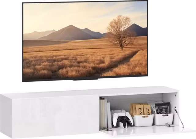 Mobile TV sospeso a parete XYLO bianco con 2 ante, L: 140 cm, P: 33 cm, H: 29,8 cm