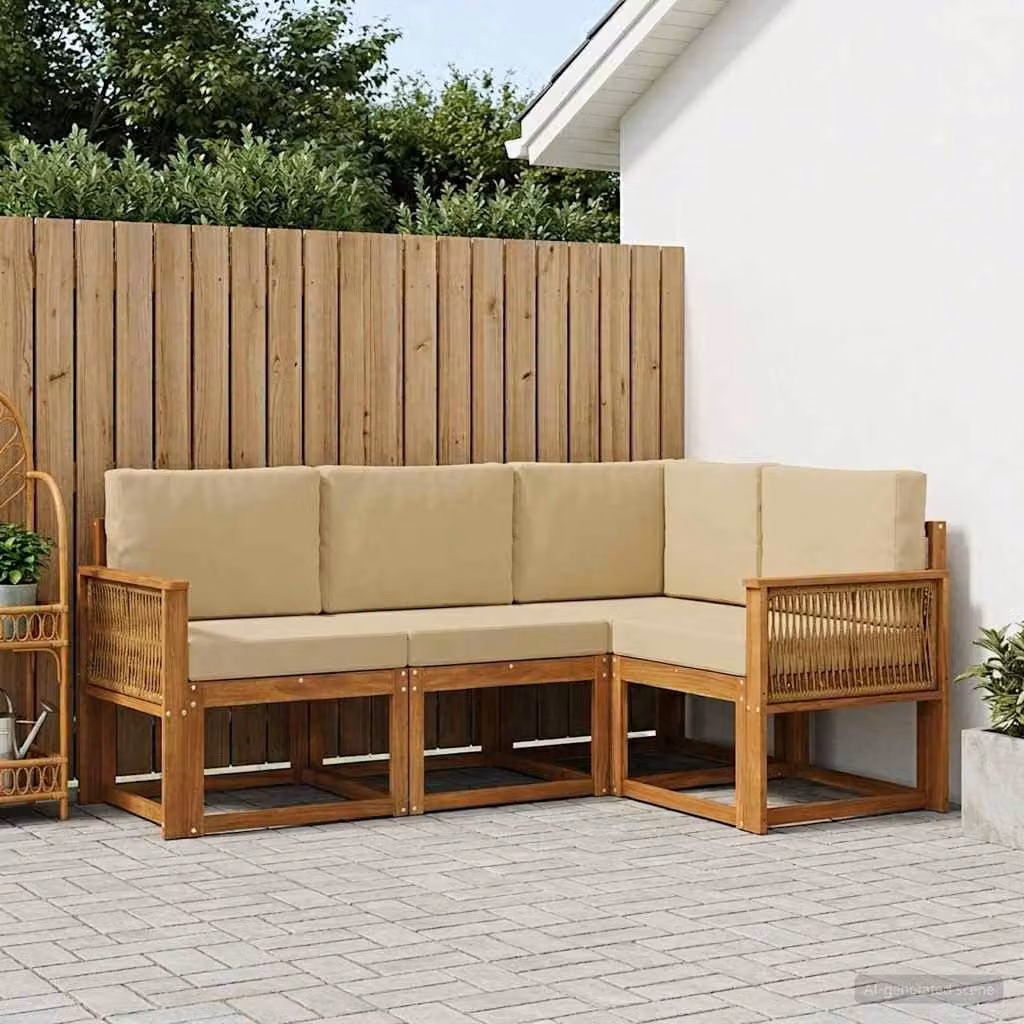 Set di divani da esterno vidaXL a forma di L composto da 4 pezzi in legno di acacia con cuscini beige e marrone