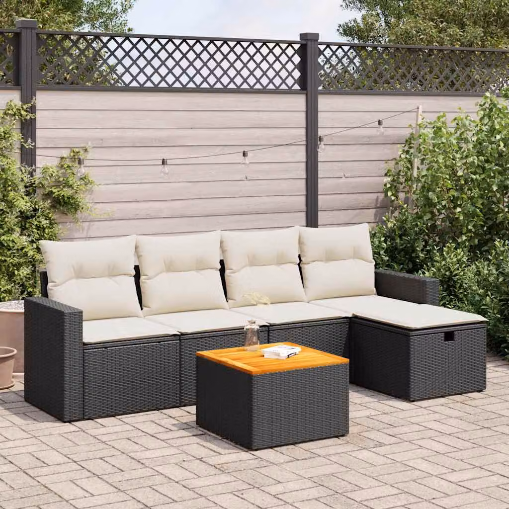 Set Divano da Giardino a L vidaXL in Polyrattan Nero con 6 Cuscini e Tavolino da Esterno