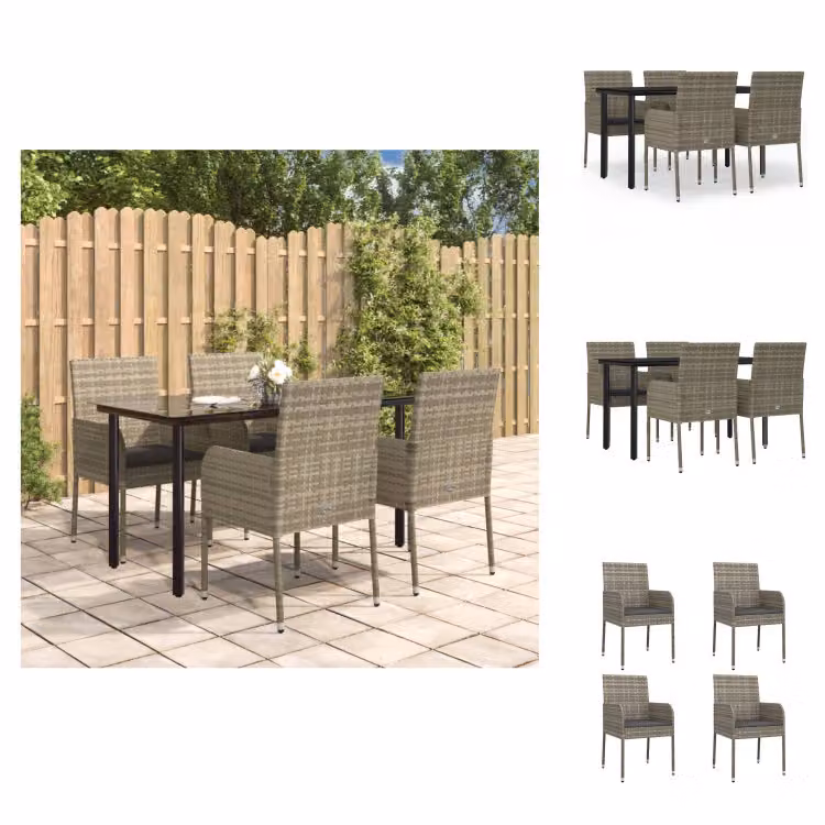vidaXL Set da pranzo da giardino 5 pezzi con cuscini in poly rattan nero e grigio - Set di mobili da giardino