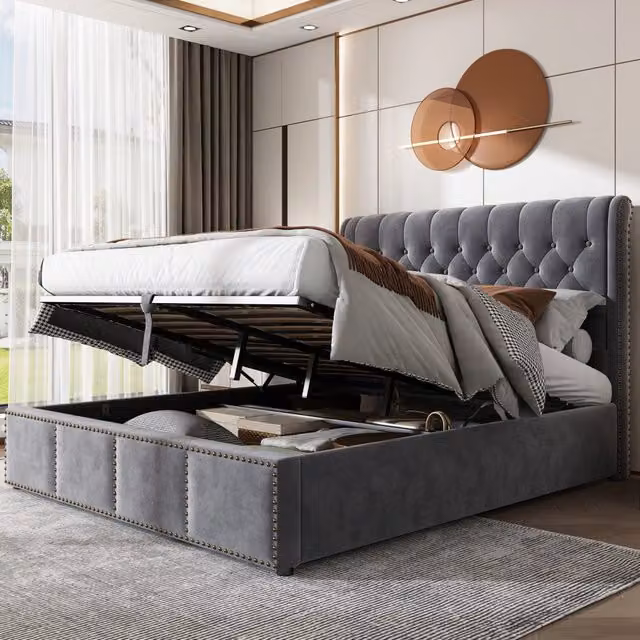 Letto contenitore 180x200 cm in velluto grigio con rete a doghe, senza materasso