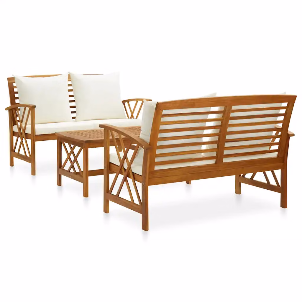 Set da giardino vidaXL composto da divano a 2 posti con braccioli, tavolino e cuscini in legno di acacia oliato, colore marrone e bianco