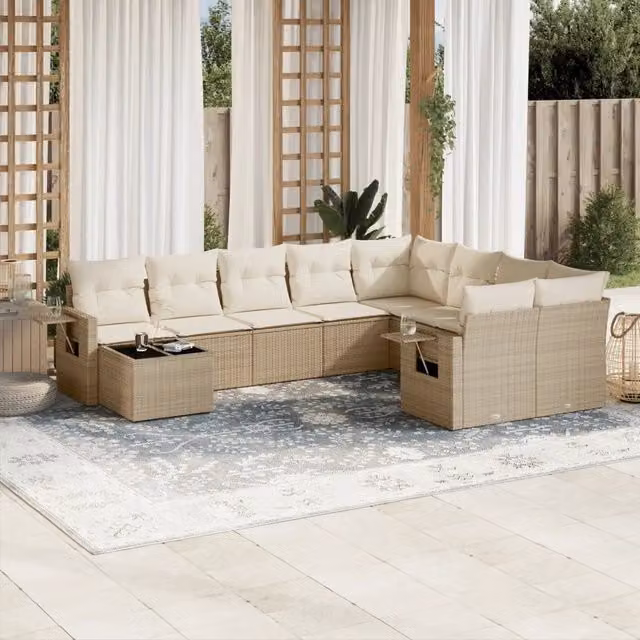 Set Divano da Giardino vidaXL 10 Pezzi con Cuscini Beige e Tavolino in Polyrattan e Metallo – 1