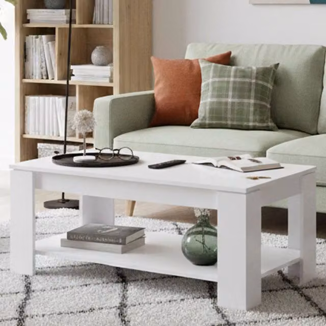 Tavolino da salotto Aeolus DMORA con ripiano elevabile, Bianco opaco, L: 102 cm, P: 50 cm, H: 43/54 cm