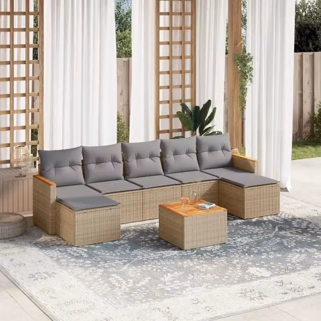 vidaXL Set Divano da Giardino 8 pz in Polyrattan con Cuscini Beige e Tavolino da Esterno