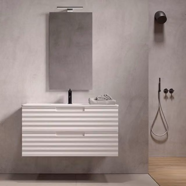 Mobile bagno sospeso 100cm bianco ondulato zen, selezione accessori con specchio