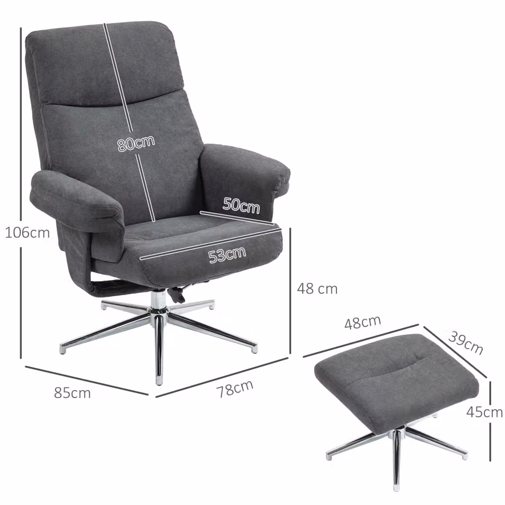 Set da 2 pezzi di poltrone reclinabili relax REDOM con pouf coordinato, colore grigio, L 78 cm x P 85 cm x H 106 cm – 2