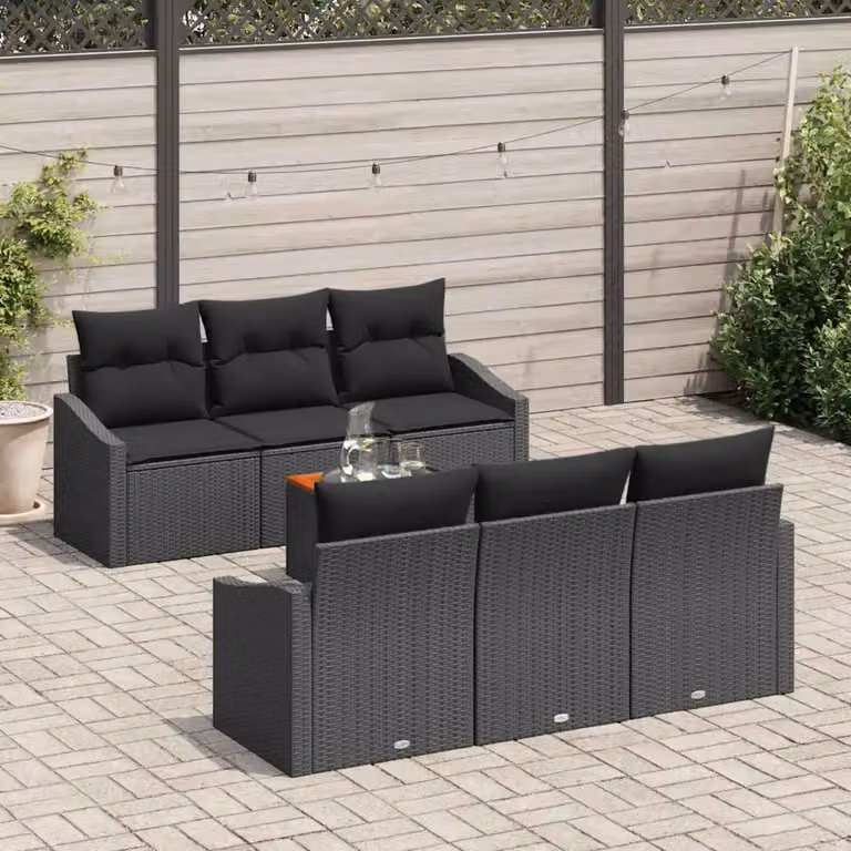 Set Divano da Giardino vidaXL 7 Pezzi in Polyrattan Nero con Cuscini e Tavolino