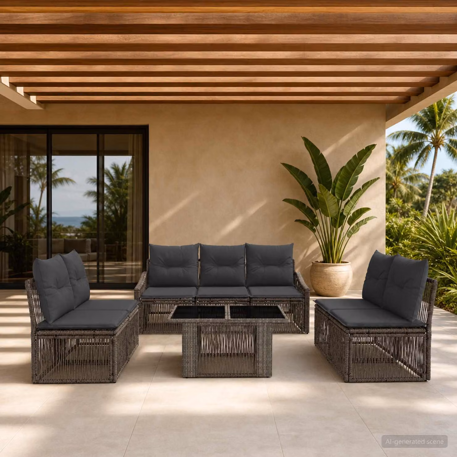 Set Divano da Giardino vidaXL 8 Pezzi a Forma di U in Polyrattan Grigio e Antracite con Cuscini e Tavolino