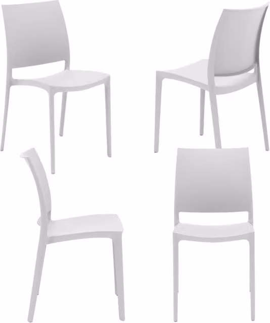Set 4 sedie in polipropilene MOON impilabile resistente ai raggi UV design moderno ideale per sala da pranzo, cucina, giardino, bar, colore Bianco