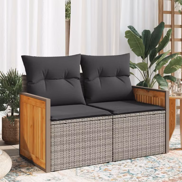 vidaXL Divano da Giardino a 2 Posti in Polyrattan Grigio con Cuscini e Struttura in Legno di Acacia