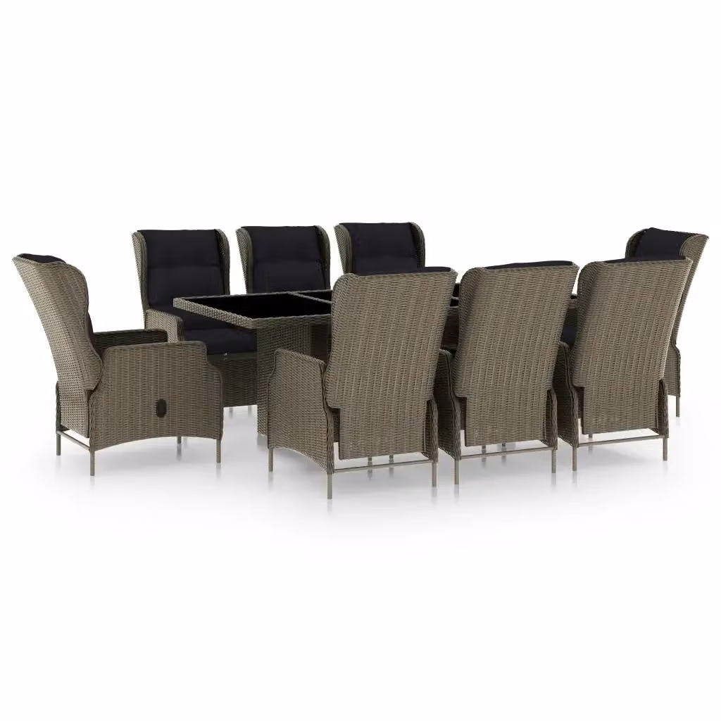 Set da Pranzo da Giardino vidaXL in Polyrattan Marrone e Nero con Tavolo in Vetro e 9 Sedute con Cuscini – 2