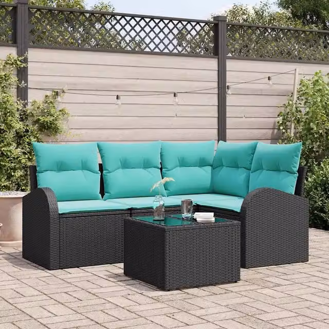 Set Divano da Giardino 5 pz Nero e Turchese polyrattan 3354705