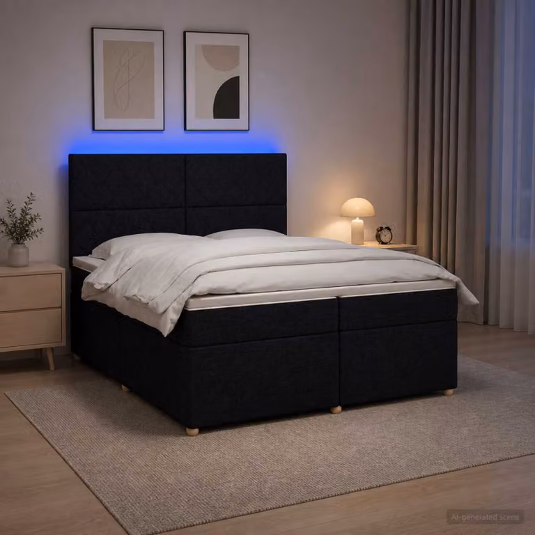 Letto box spring con materasso vidaXL Nero L/P/H: 200 x 200 x 140,5 cm in tessuto con base a sollevamento, illuminazione sottostante e porta USB