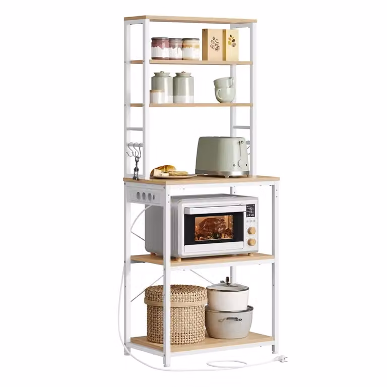 Scaffale da Cucina con Ciabatta Ganci per Forno a Microonde, Rovere Dorato + Bianco Nuvola / 60L cm