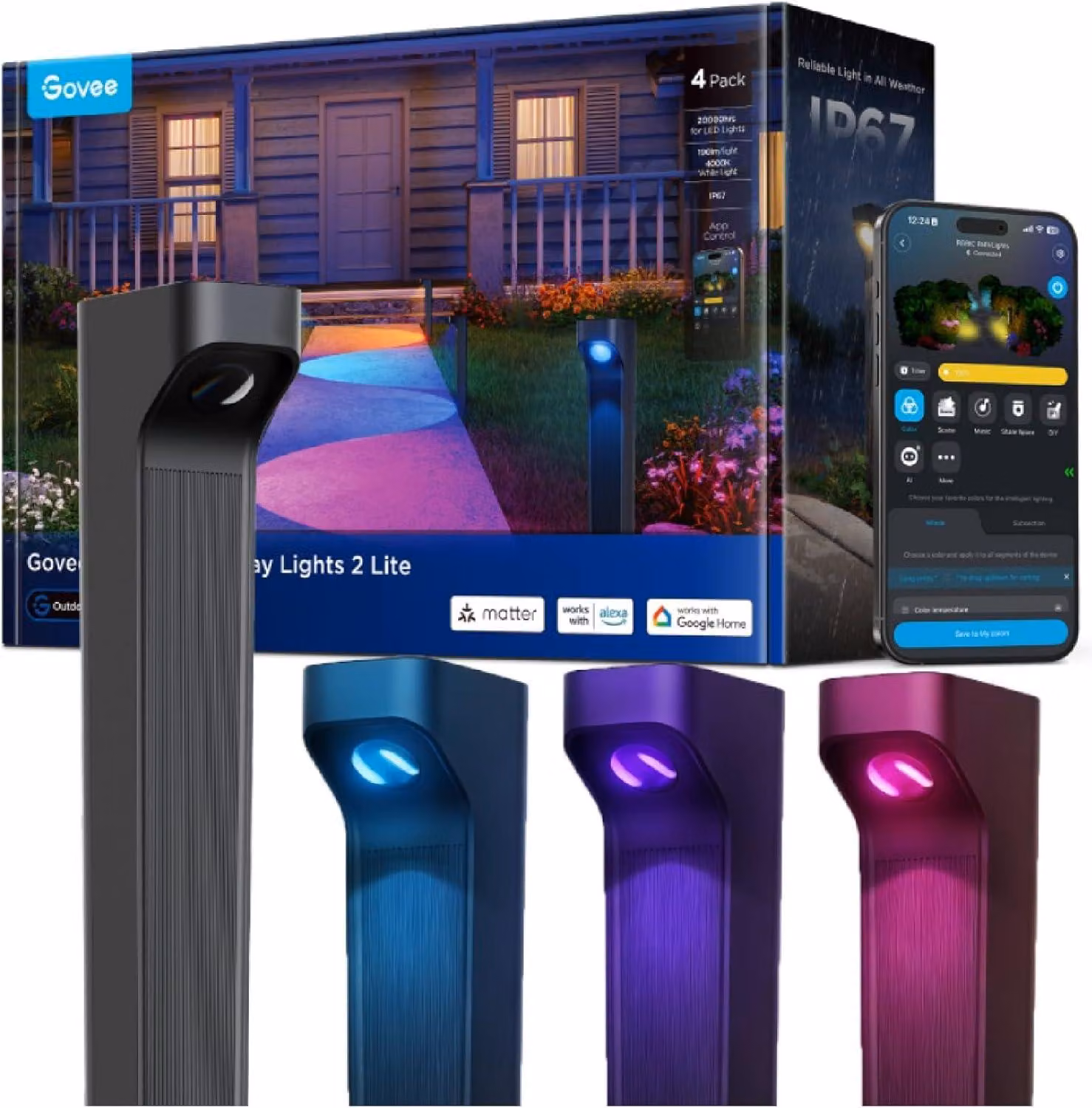 Set di 4 luci LED da esterno, RGBWIC, grado di protezione IP67, impermeabili, finitura opaca, compatibili con Alexa