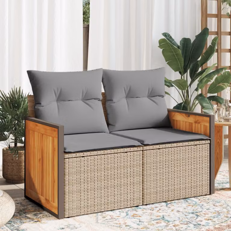 vidaXL Divano da Giardino a 2 Posti in Polyrattan con Cuscini Beige e Grigio e Struttura in Legno di Acacia