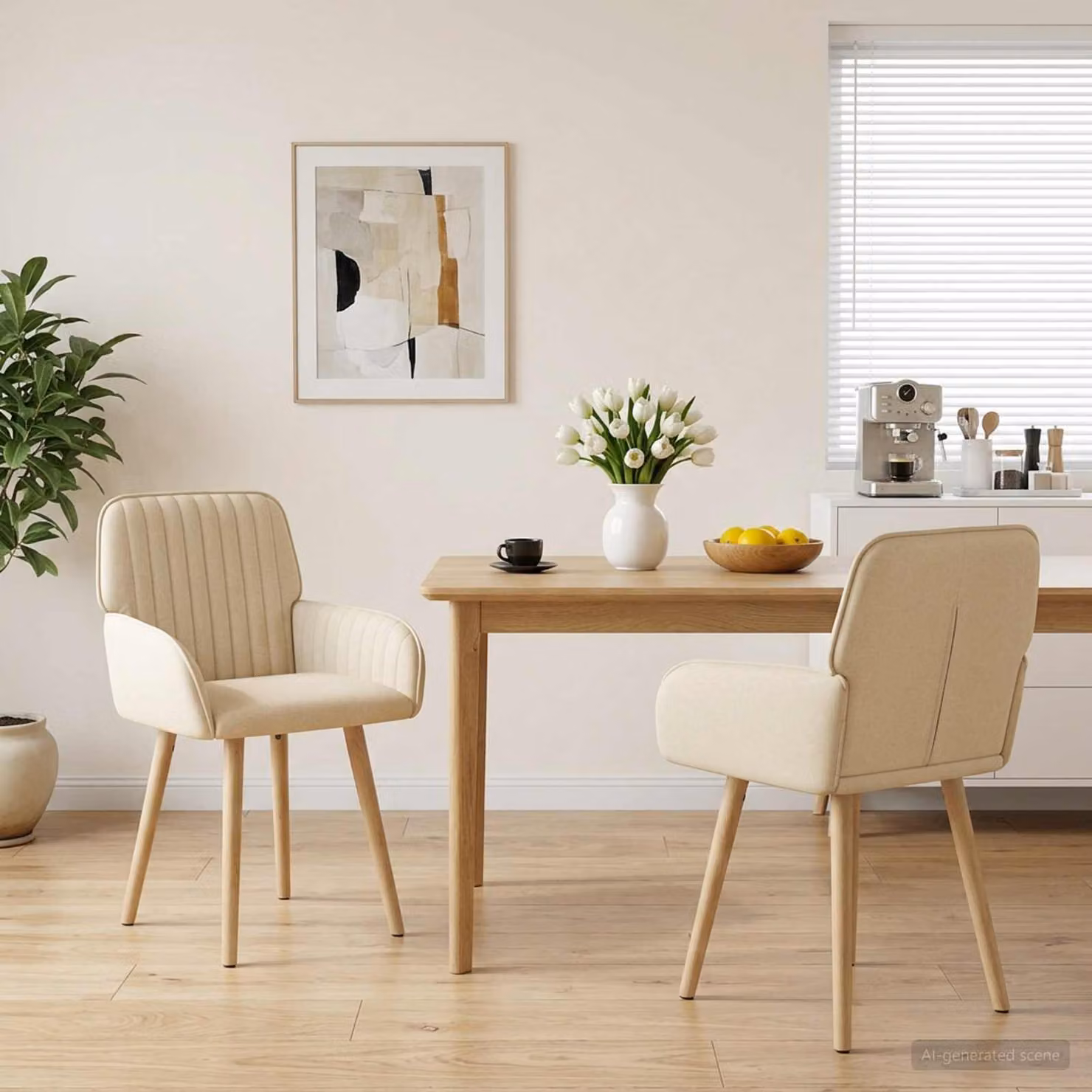 Set di 2 sedie da pranzo vidaXL in tessuto beige con struttura in legno e metallo, L: 56,5 cm, P: 50 cm, H: 87,5 cm