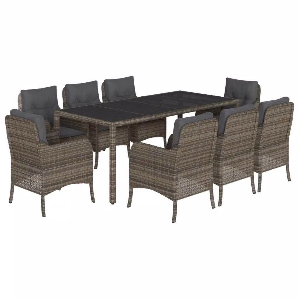 Set da Pranzo da Giardino vidaXL in Polyrattan Grigio con Cuscini e Tavolo in Vetro, 9 Pezzi – 2