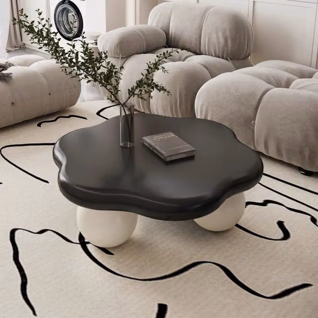 Tavolino basso fisso a nuvola in MDF nero e bianco con gambe sferiche arrotondate diametro 80 × altezza 35 cm