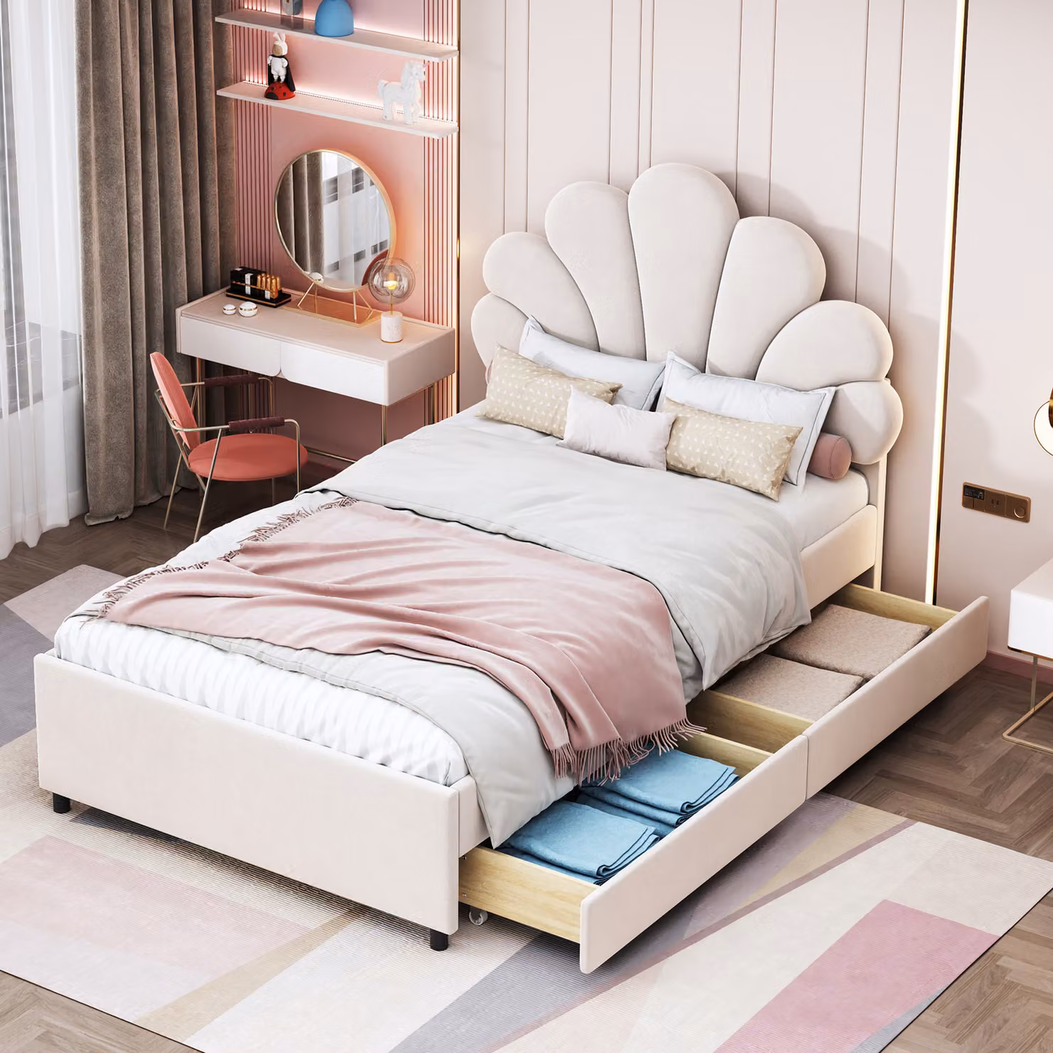 Letto imbottito Merax 90x200cm con testata a forma di fiore, letto per bambini con rete a doghe, letto per ragazzi con 2 cassetti, letto singolo in velluto, beige