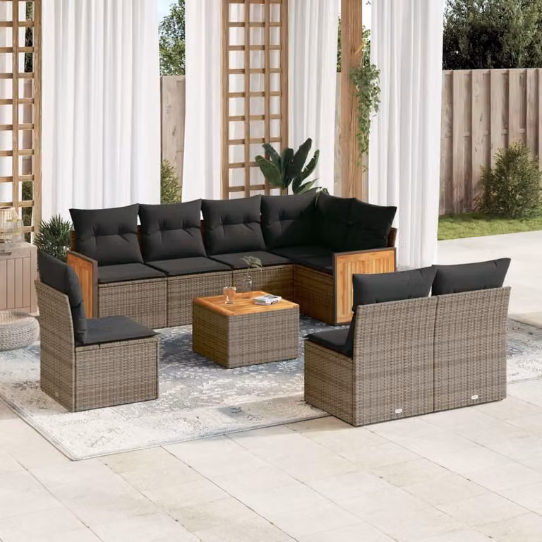 vidaXL Set Divano da Giardino a L 9 pz in Polyrattan Grigio con Cuscini e Tavolino da Caffè