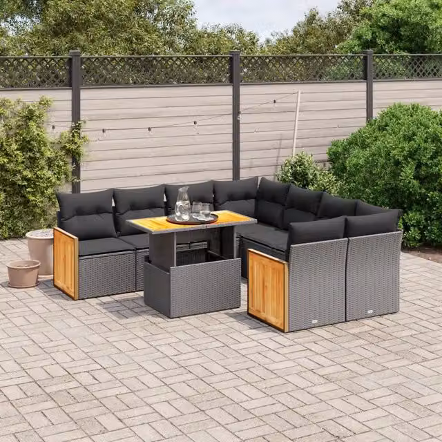 Set Divani da Giardino 9 pz con Cuscini Nero in Polyrattan 3273883