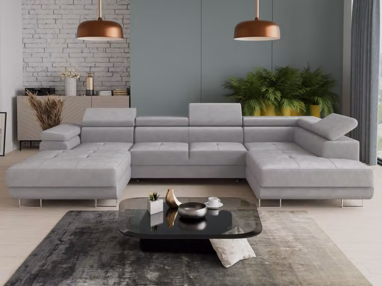 Combo salotto Caris U con funzione letto e poggiatesta regolabili, divano ad angolo con due contenitori, divanetto, divano, divano letto (grigio (Paros 05), divano ad angolo a sinistra)