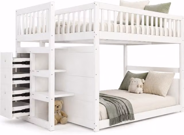 Letto a castello basso 140x200 cm con 4 cassetti in pino; compensato e MDF bianco