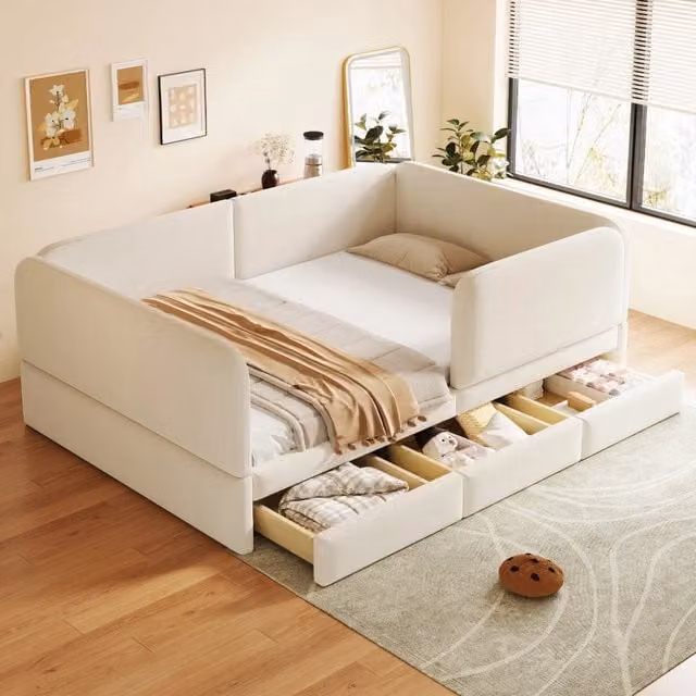 Letto imbottito per bambini REDOM in velluto beige con cassetti L/P: 140 x 200 cm – 1