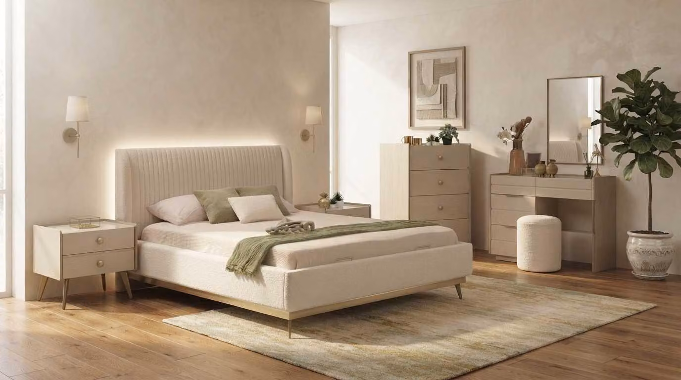 Set per camera da letto beige, moderno e composto da letto, tavolo da trucco e comodini