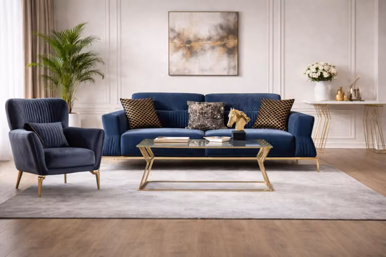 Set divano blu: elegante divano a 3 posti e poltrona in tessuto, set da salotto da 2 pezzi