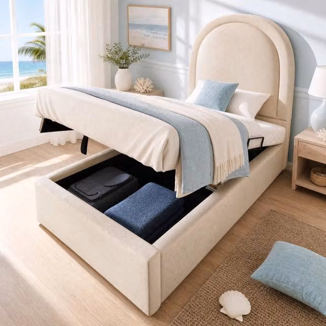 Letto singolo imbottito per bambini 90x200 cm beige con struttura in metallo, legno massiccio e PU, senza materasso